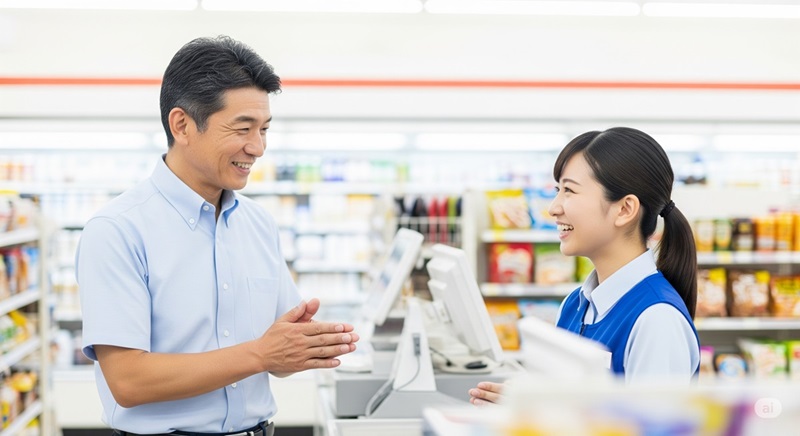 コンビニのレジで店員に笑顔で感謝を伝える50代男性。日常の中での小さなありがとうが心を和ませる様子