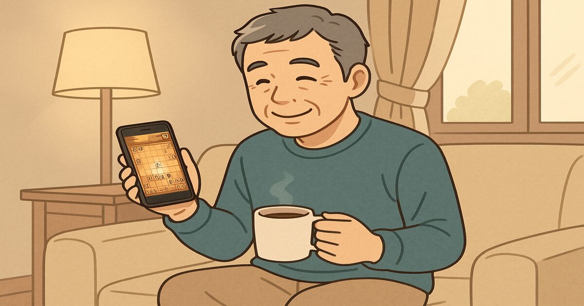 自宅のリビングでスマホの将棋アプリを楽しむ50代男性のイラスト。コーヒーを片手に穏やかな笑顔でプレイする様子。