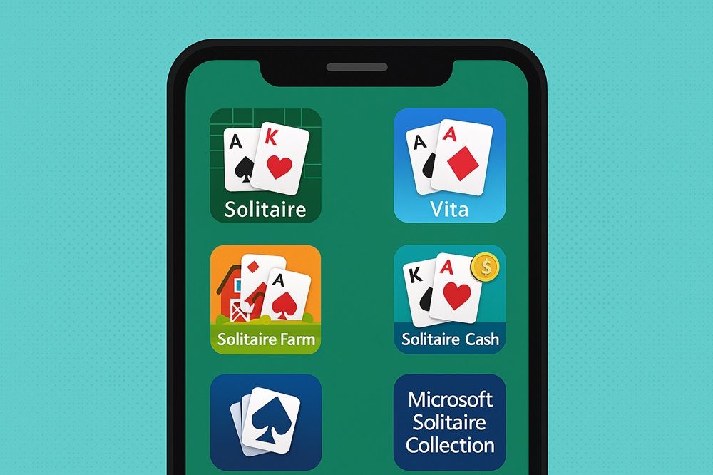 スマートフォンの画面に表示された5種類のソリティアアプリのイメージ画像。各アプリのアイコンが並び、遊び方のバリエーションを視覚的に表現。