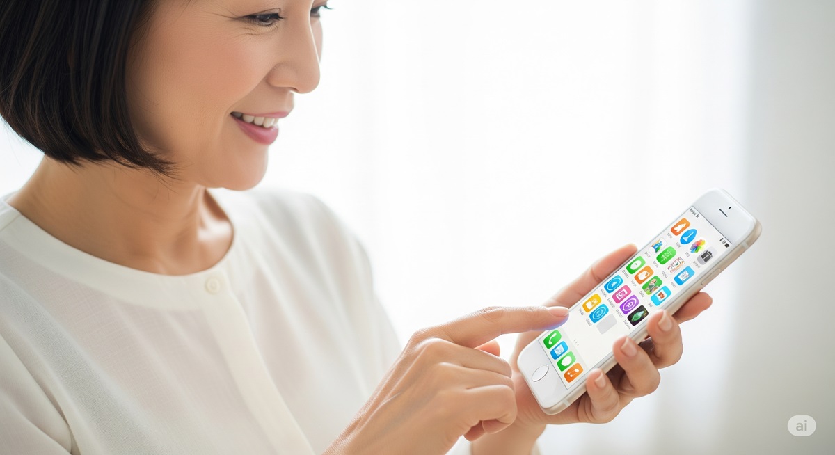 自宅のソファで複数のスマホゲームアプリのアイコンが並んだ画面を見ながら笑顔でスマートフォンを操作している50代の日本人女性の写真 。