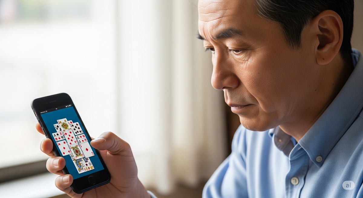 スマートフォンのソリティアのゲーム画面を見ている50代の日本人男性の手のクローズアップ写真 。