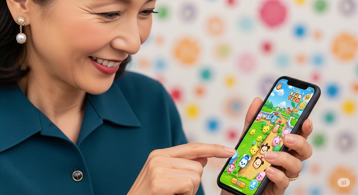 笑顔でスマートフォンのツムツムのゲーム画面を操作している50代の日本人女性の手のクローズアップ写真 。
