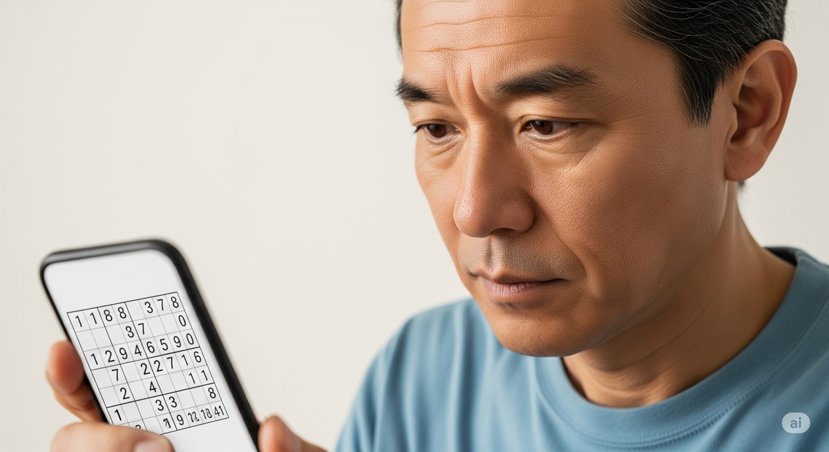 集中した表情でスマートフォンの数独のパズル盤面を見ている50代の日本人男性の手のクローズアップ写真 。