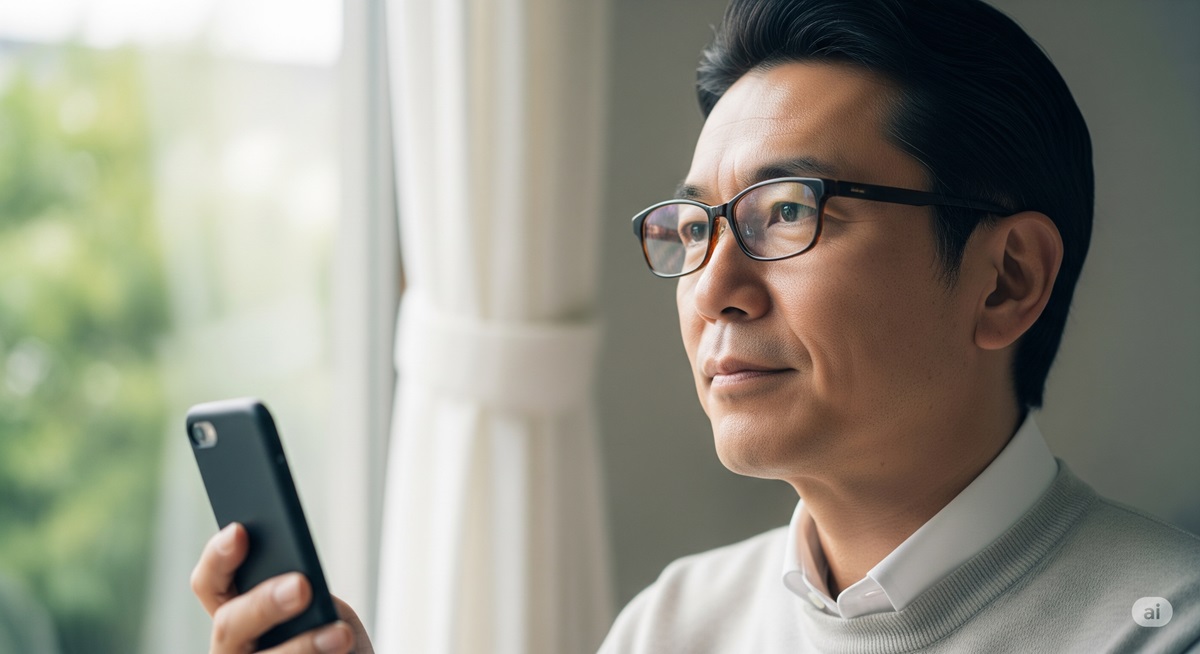 スマートフォンから少し目を離し、遠くを見ている50代の日本人男性の横顔の写真。眼鏡をかけており、優しい眼差し。