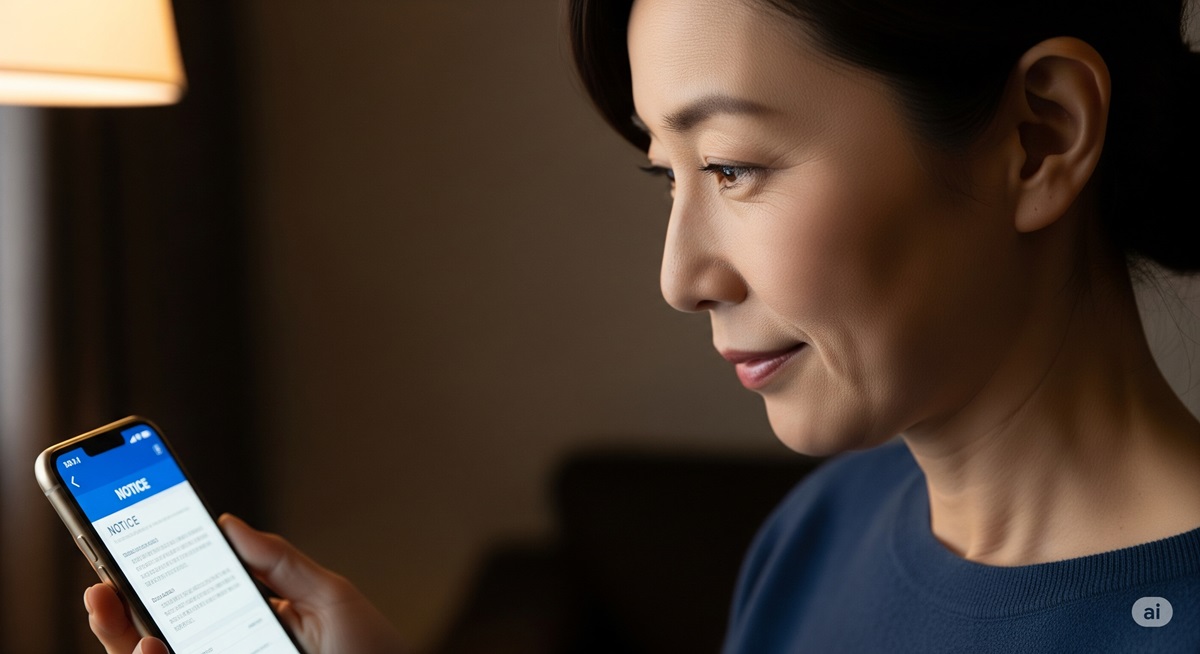 スマートフォンの課金に関する注意書きを読んでいる50代の日本人女性の手のクローズアップ写真。