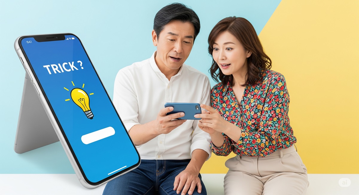 「ブレインテストをプレイしながら驚く50代夫婦。スマホ画面に表示されたひらめき系クイズに夢中になっている様子。