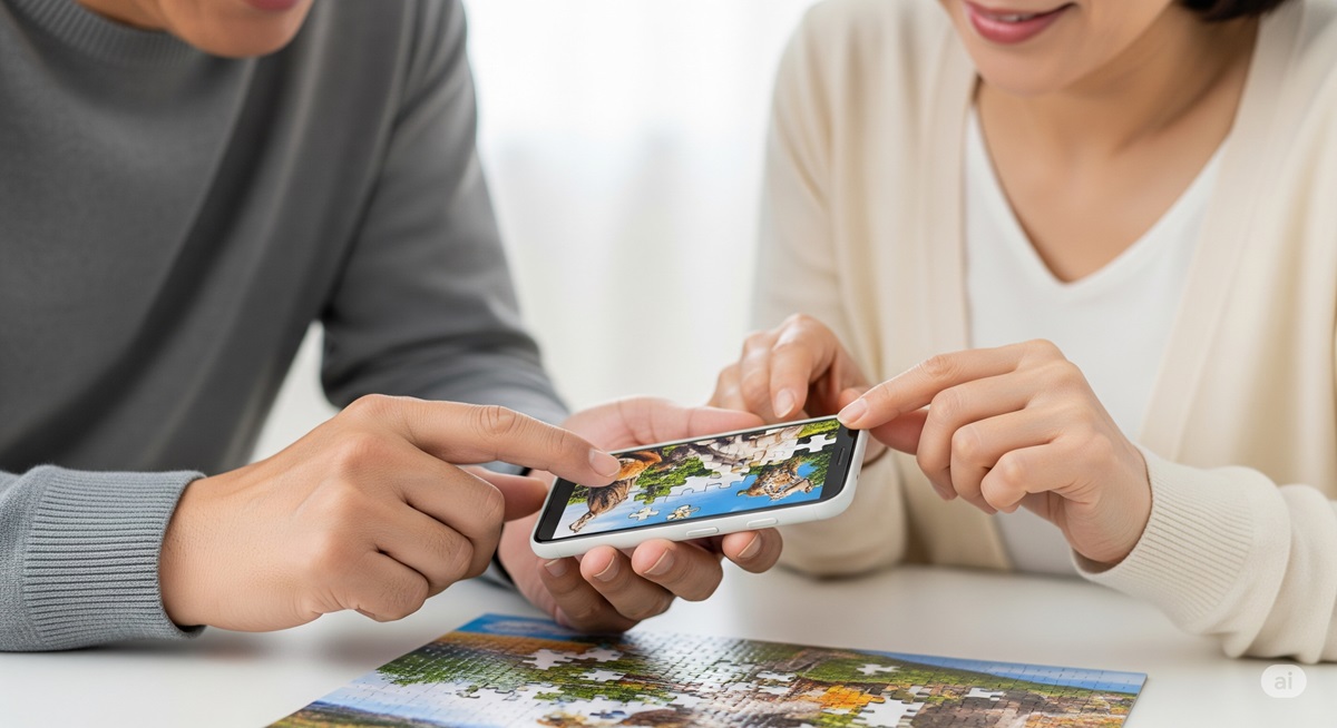 スマートフォンでジグソーパズルに挑戦する50代夫婦。協力しながらピースを合わせる様子が印象的。