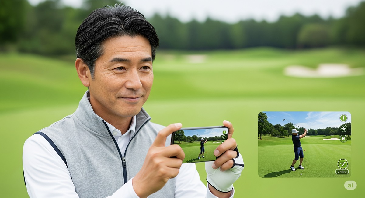 スマートフォンでゴルフゲームを楽しむ50代男性。美しいゴルフコース画面にナイスショットの瞬間が映る。