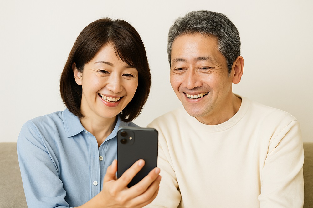 明るい表情でスマートフォンを操作する50代の日本人男女の笑顔の様子。ゲームやアプリを楽しむライフスタイルを表現。