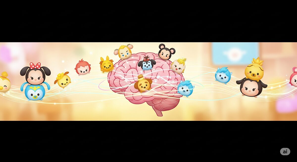 脳を囲むようにディズニーツムツムのキャラクターたちが並び、楽しく脳を刺激する様子を表現したイラスト。