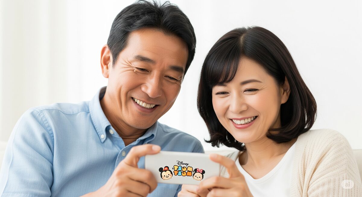 50代の日本人夫婦が笑顔でスマートフォンの画面を見ながら、ディズニーツムツムを一緒に楽しんでいる様子。