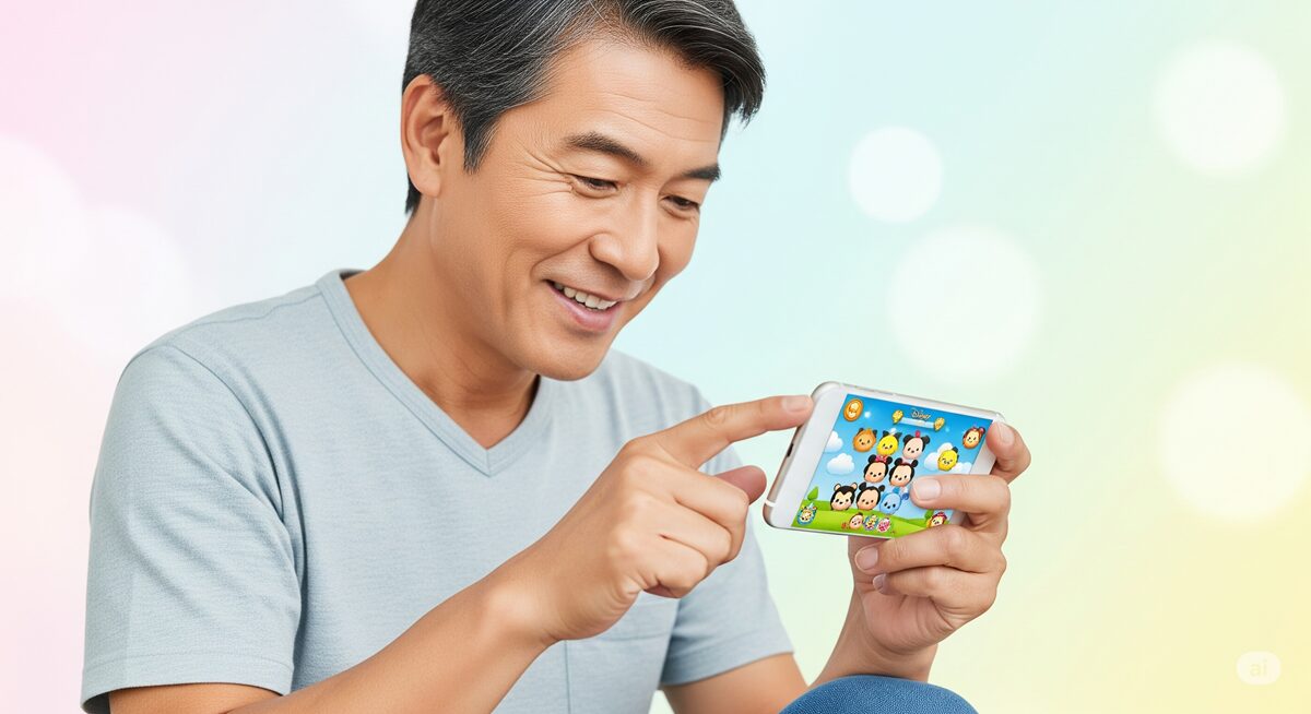 ディズニーツムツムを楽しむ50代の日本人男性のプレイシーン。笑顔でスマホを操作している様子。