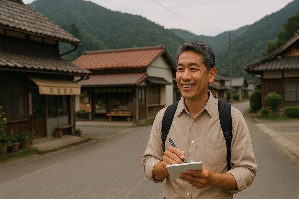 中年男性が笑顔で、日本の古い家屋が並ぶ道を歩きながら、小さなメモ帳に何かを書き込んでいます。彼はベージュのシャツに黒いバックパックを背負っており、表情は明るく、周囲の風景を楽しんでいるようです。背景には緑豊かな山々が広がり、日本の田舎の集落の穏やかな雰囲気が感じられます。
