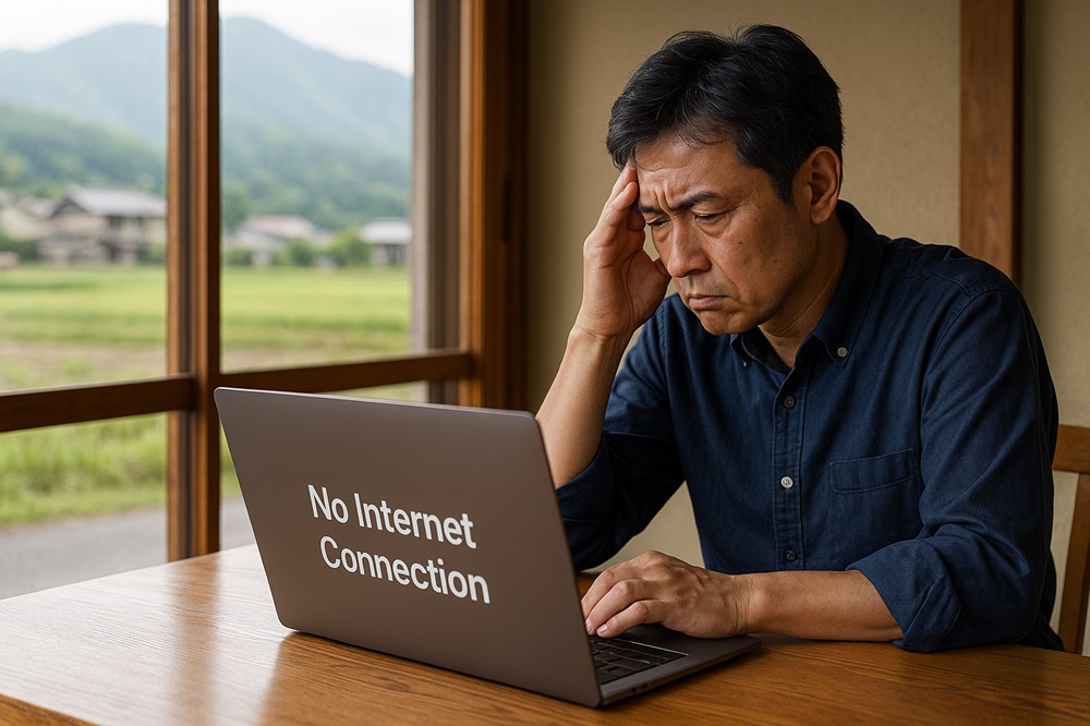 中年男性が木のテーブルに座り、灰色のラップトップの画面を見ています。ラップトップの画面には「No Internet Connection」（インターネット接続なし）というメッセージが表示されており、男性は右手でこめかみに手を当て、眉をひそめ、困惑したような表情をしています。窓の外には、日本の田園風景が広がっており、遠くに山々が見えます。