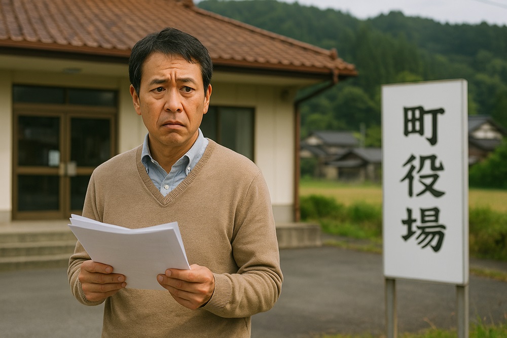 中年男性が心配そうな表情で屋外に立ち、白い書類を持っています。彼の後ろには、伝統的な日本の屋根を持つ建物と、「町役場」と書かれた日本語の看板があります。背景には、木々や他の建物があり、田舎または郊外の風景を示唆しています。