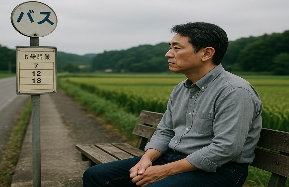 中年男性が、田園風景の中にあるバス停の木製ベンチに座っています。彼は横を向き、遠くを見つめています。バス停の標識には「バス」という文字と、「出郷嶺」という地名、そして時刻表らしき「7」「12」「18」という数字が見えます。背景には広がる緑の田んぼと、遠くの丘や森が写っており、曇り空の下、静かで落ち着いた雰囲気が漂っています。