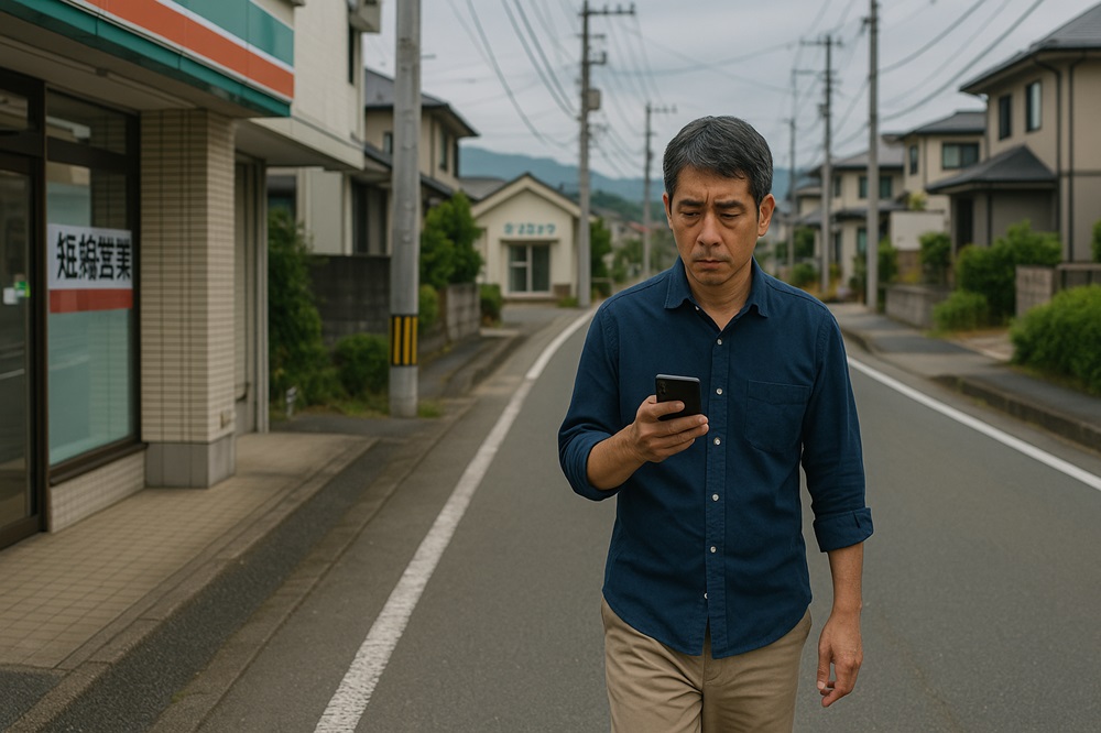中年男性が、濃い青のシャツとベージュのパンツを着て、スマートフォンを見ながら道の中央を歩いています。彼は少し眉をひそめ、真剣な表情をしています。左側にはコンビニエンスストアのような建物が見え、右側には住宅が立ち並んでいます。背景には山々も見え、日本の住宅街の風景です。