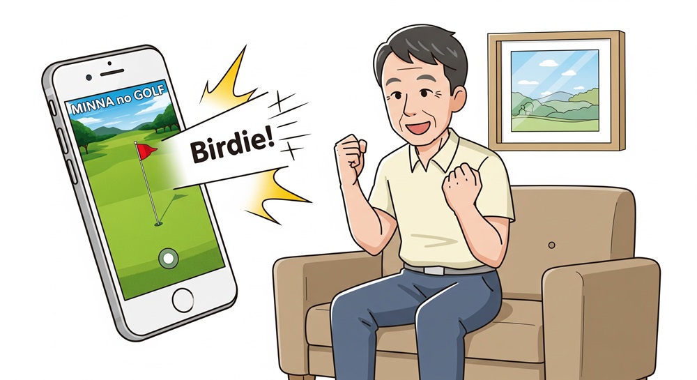 ソファに座ってスマホで「みんなのGOLF」をプレイし、バーディを決めて喜ぶ50代男性。ゲーム画面には「Birdie!」の文字が表示されている。