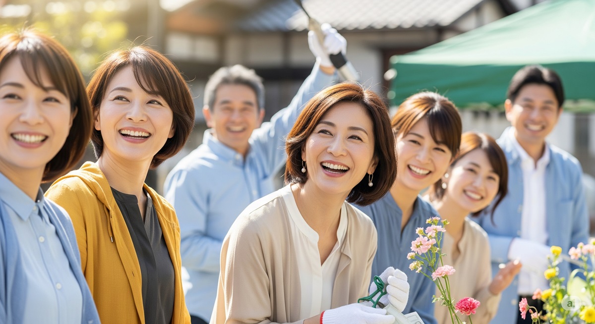50代の日本人たちが地域活動で楽しそうに交流し、充実した表情を見せている様子。コミュニティ参加による喜びと活力を表現しています。