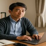 50代男性が自宅のデスクでパソコン作業に集中している様子。新たな挑戦に向けて考えながら前向きに取り組む姿を表現。