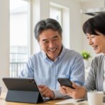 50代の日本人男女が自宅のテーブルでタブレットとスマートフォンを使いながら、笑顔でデジタルの使い方を学んでいる様子。