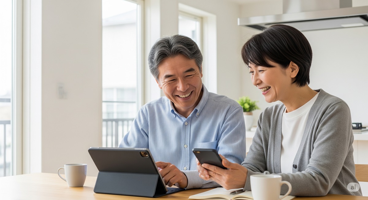 50代の日本人男女が自宅のテーブルでタブレットとスマートフォンを使いながら、笑顔でデジタルの使い方を学んでいる様子。