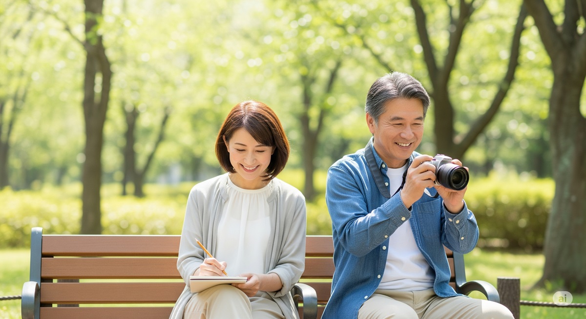 50代の日本人男女が公園で趣味を楽しんでいる様子。男性はカメラで写真を撮り、女性はベンチでスケッチを描いている。