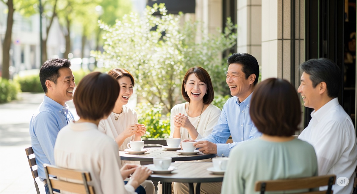 50代の日本人男女が屋外カフェで笑顔で会話をしている様子。穏やかな雰囲気の中で人間関係のつながりを感じるシーン。