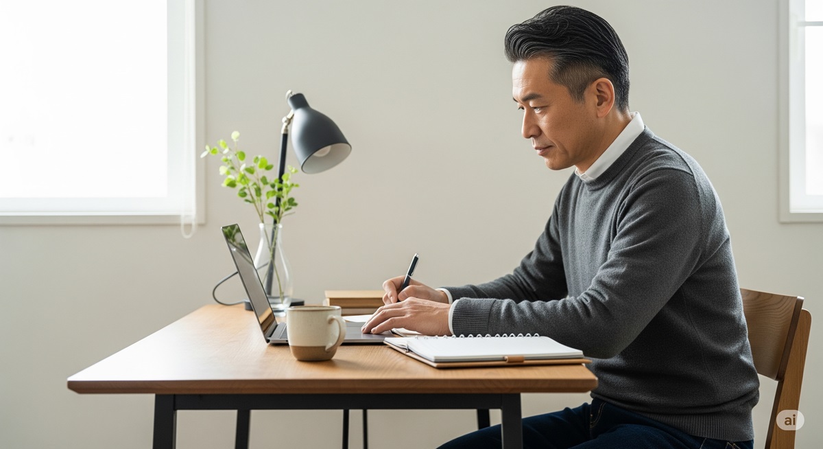 50代の日本人男性が自宅のワークスペースでノートパソコンに向かい、キャリアについて考えながらノートを取っている様子。
