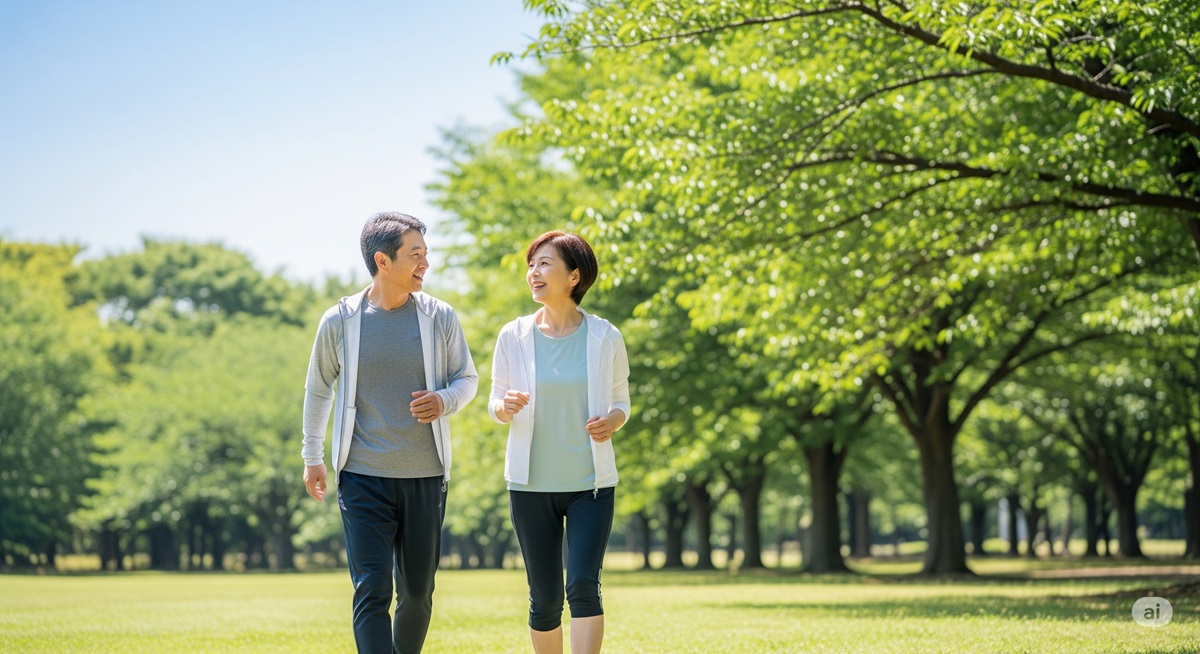 50代の日本人男女が公園を仲良くウォーキングしている様子。健康的なライフスタイルを楽しむ自然な笑顔が印象的なシーン。