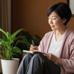 50代の日本人女性が静かな部屋で日記をつけている様子。心のケアと自己成長を意識しながら、穏やかな朝の時間を過ごしている。