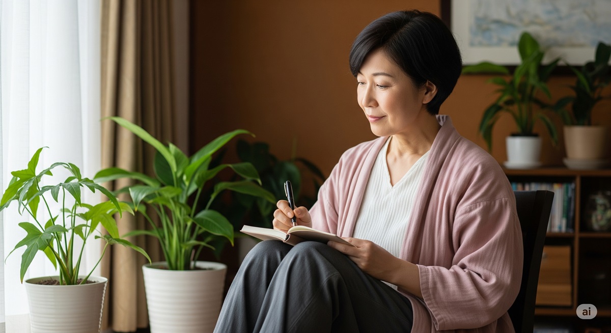 50代の日本人女性が静かな部屋で日記をつけている様子。心のケアと自己成長を意識しながら、穏やかな朝の時間を過ごしている。