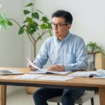 50代の日本人男性が自宅のデスクでパソコンと書類を見ながら将来の資産形成やライフプランを確認している様子。