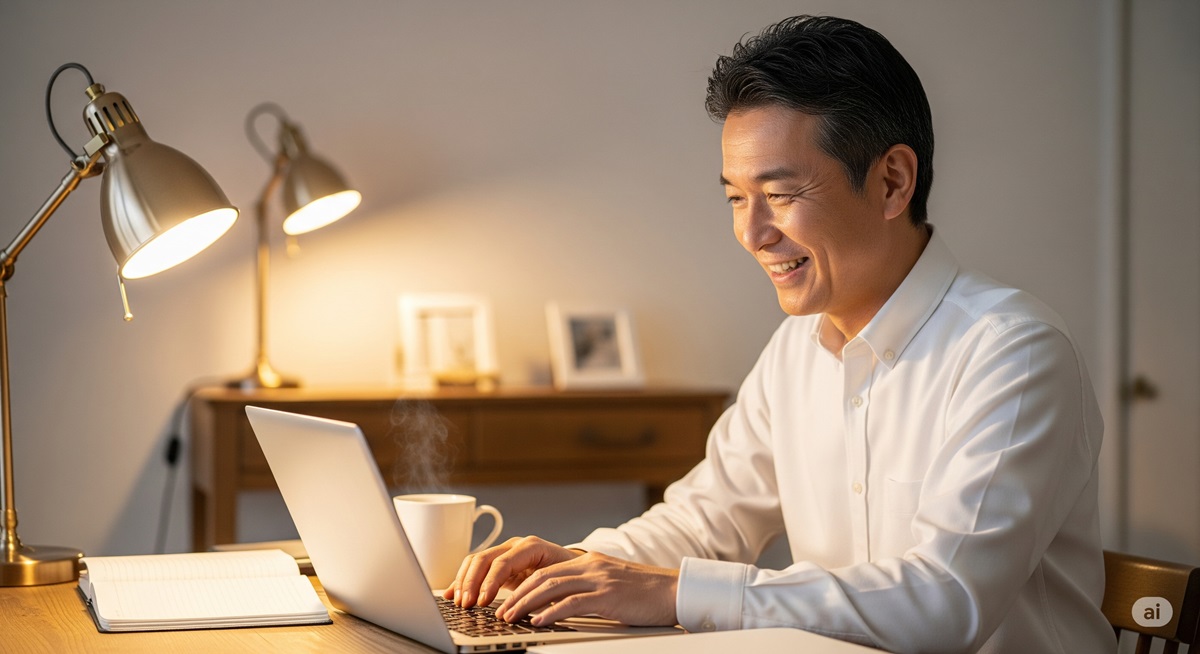 自宅の机に座り、ノートパソコンで質問に笑顔で答えている50代の日本人男性。親しみやすく思慮深い表情で、部屋は暖色系の照明で整頓されており、ノートとコーヒーカップが近くにある。読者からの質問に答えたり、アドバイスを提供したりしている様子。