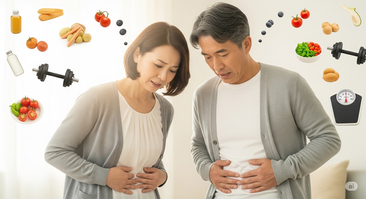 中年の男女がお腹に手を当てて体型を気にしている様子。背景には野菜やダンベルなど中年太りに関連するアイテムが浮かび、健康意識を連想させる構成。