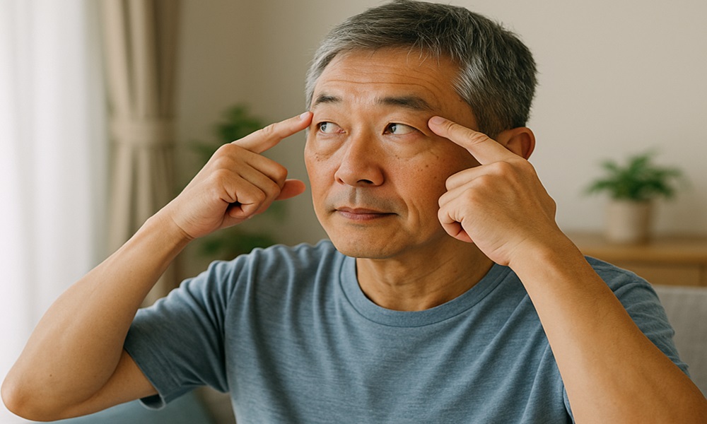 自宅で左右に目を動かしながら目のストレッチをする中年男性の写真