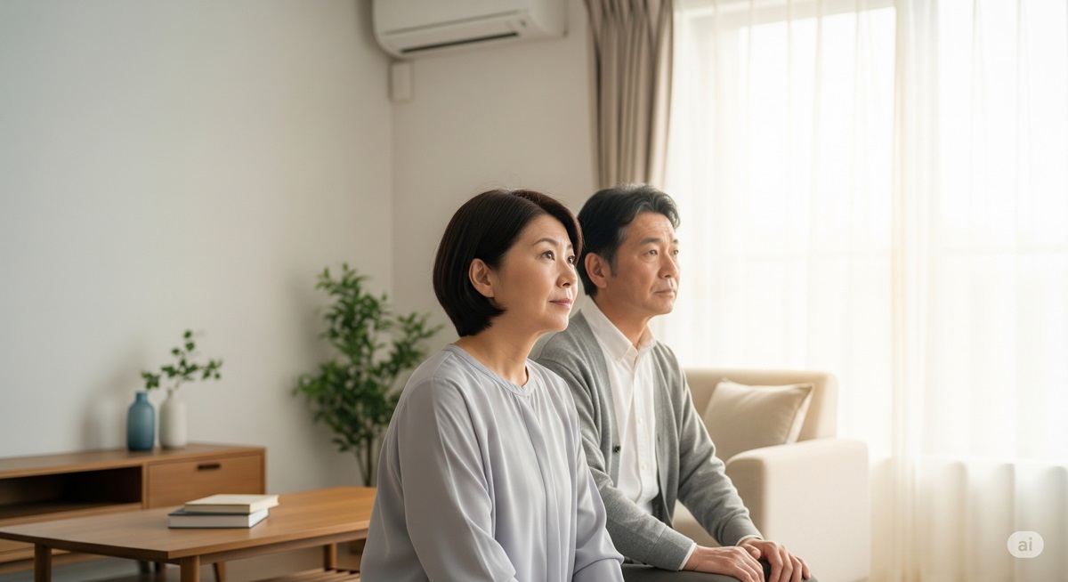 未来を見つめる50代の日本人男女。静かで前向きな雰囲気の中に、自己成長や新たな挑戦への意志が感じられるシーン。