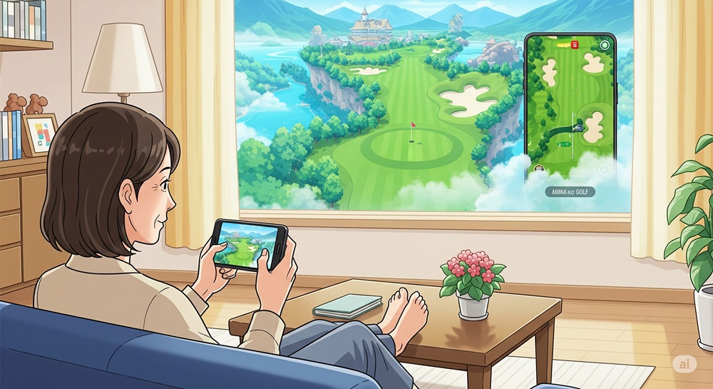 リビングのソファに座り、タブレットで「みんなのGOLF」をプレイする50代女性。窓の外にはゲームの美しいゴルフコースが幻想的に広がり、新しい趣味としての世界観を表現している。
