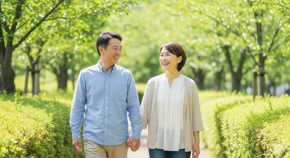 明るい緑の並木道を笑顔で歩く中年の夫婦。健康的な生活を楽しむ前向きな雰囲気が、読者のやる気を後押しする爽やかな一枚。
