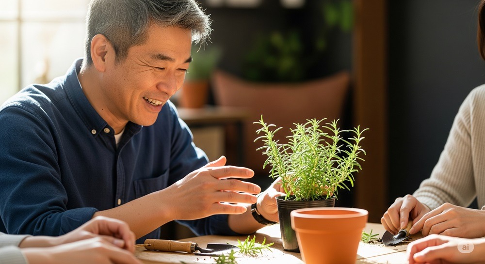 ハーブ教室でローズマリーの鉢植えを囲みながら、50代の日本人男性が笑顔で会話している様子。明るい自然光の差し込む室内で、植物をきっかけに交流が生まれているシーン。