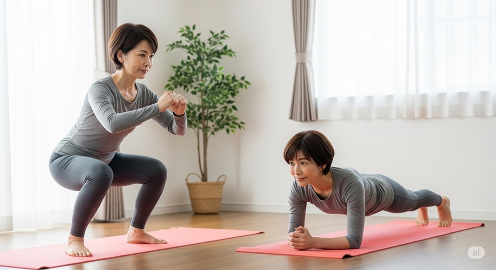 自宅でスクワットとプランクを行う中年女性たち。ヨガマットの上で真剣に筋トレに取り組む姿が、日常に取り入れやすい運動習慣をイメージさせる。