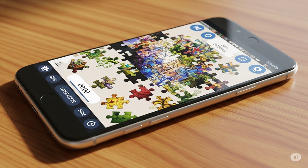 スマートフォンに表示されたジグソーパズルアプリの画面。カラフルなピースと操作しやすいUIが特徴。