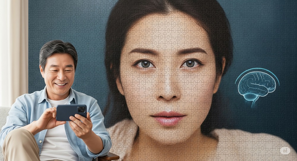 ジグソーパズル風の女性の顔と脳のイラストを背景に、スマートフォンでアプリを楽しむ50代男性。
