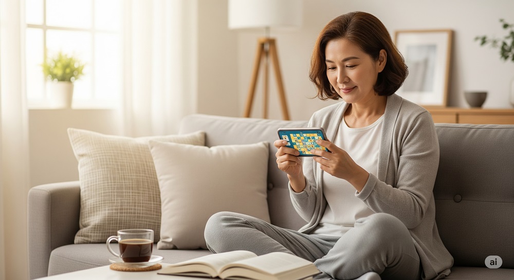 リビングでくつろぎながらスマートフォンでジグソーパズルアプリを楽しむ50代女性。テーブルにはコーヒーと本。