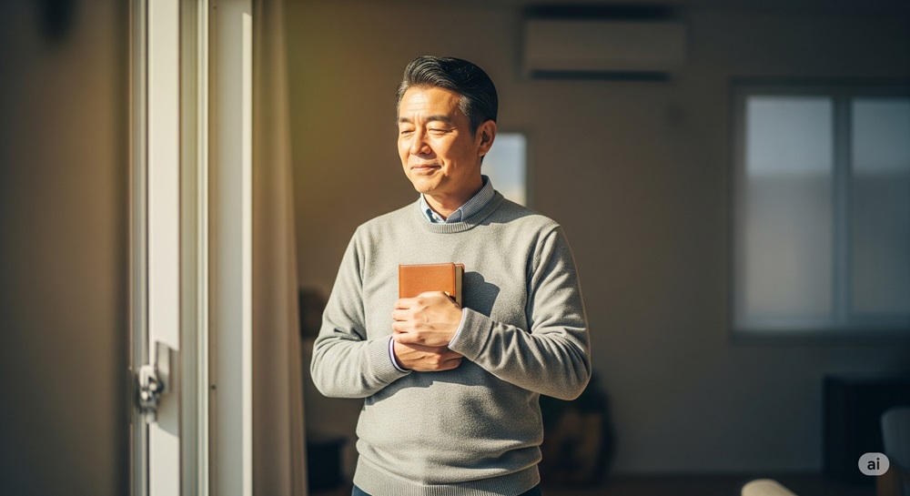 本を胸に抱えながら、窓際で光を浴びて微笑む50代の日本人男性。読書によって得た気づきを胸に、前向きに新たな一歩を踏み出そうとしている姿。