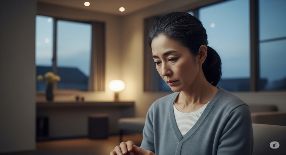 夜の部屋で静かに考え込む50代の日本人女性。孤独な感情と向き合っている様子