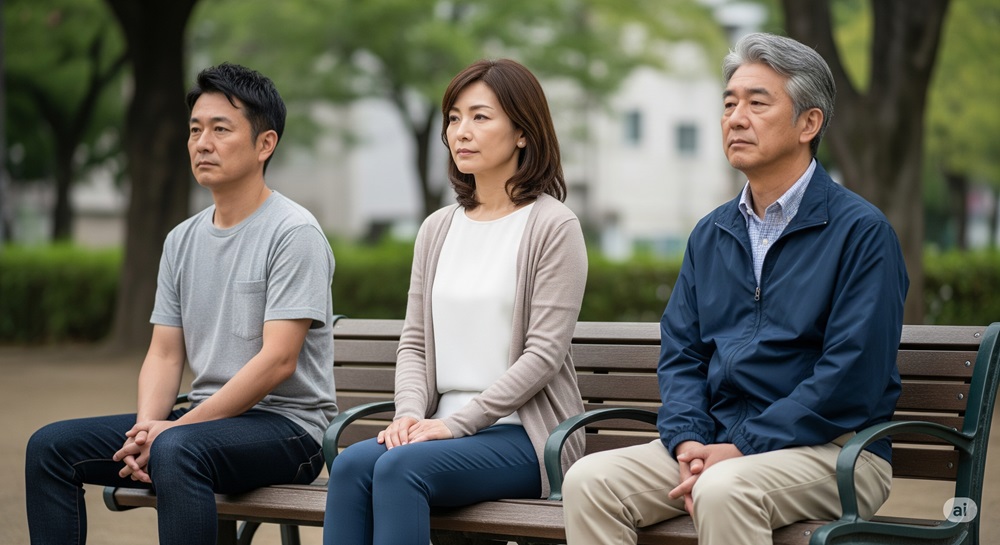 公園のベンチに座り、会話をせず静かに佇む50代の日本人男女。心の距離や孤独感を感じさせる場面