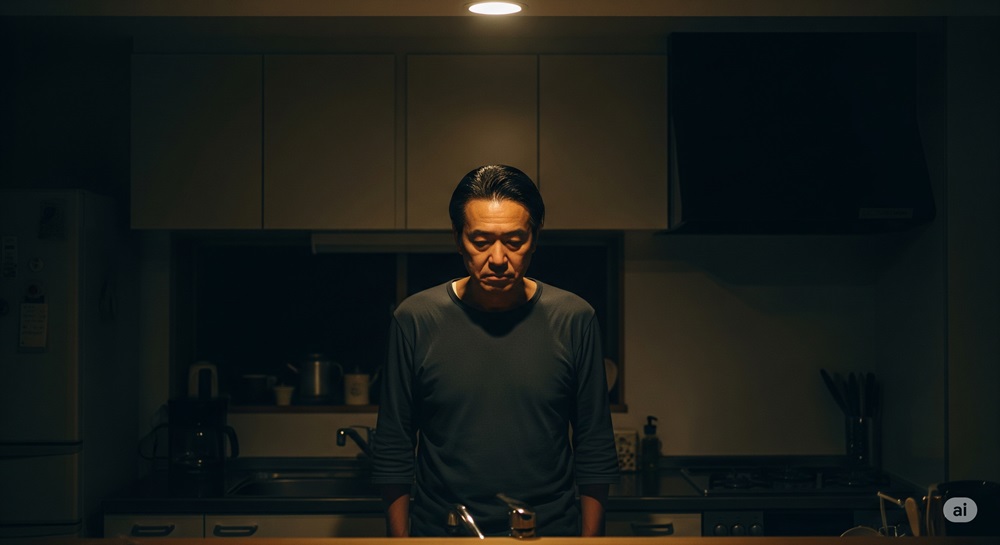 夜の静かなキッチンでひとり佇む中年男性の姿。天井灯だけが照らす落ち着いた雰囲気。
