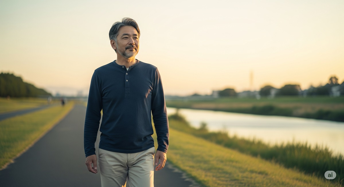 夕暮れの川沿いをひとりで歩く50代の日本人男性の姿。穏やかで前向きな表情が印象的な風景。