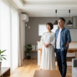 現代的なリビングで、明るい表情で未来を見据える中年の日本人夫婦。人生の再設計や新しい始まりを象徴し、ポジティブな中年ライフをイメージさせます。